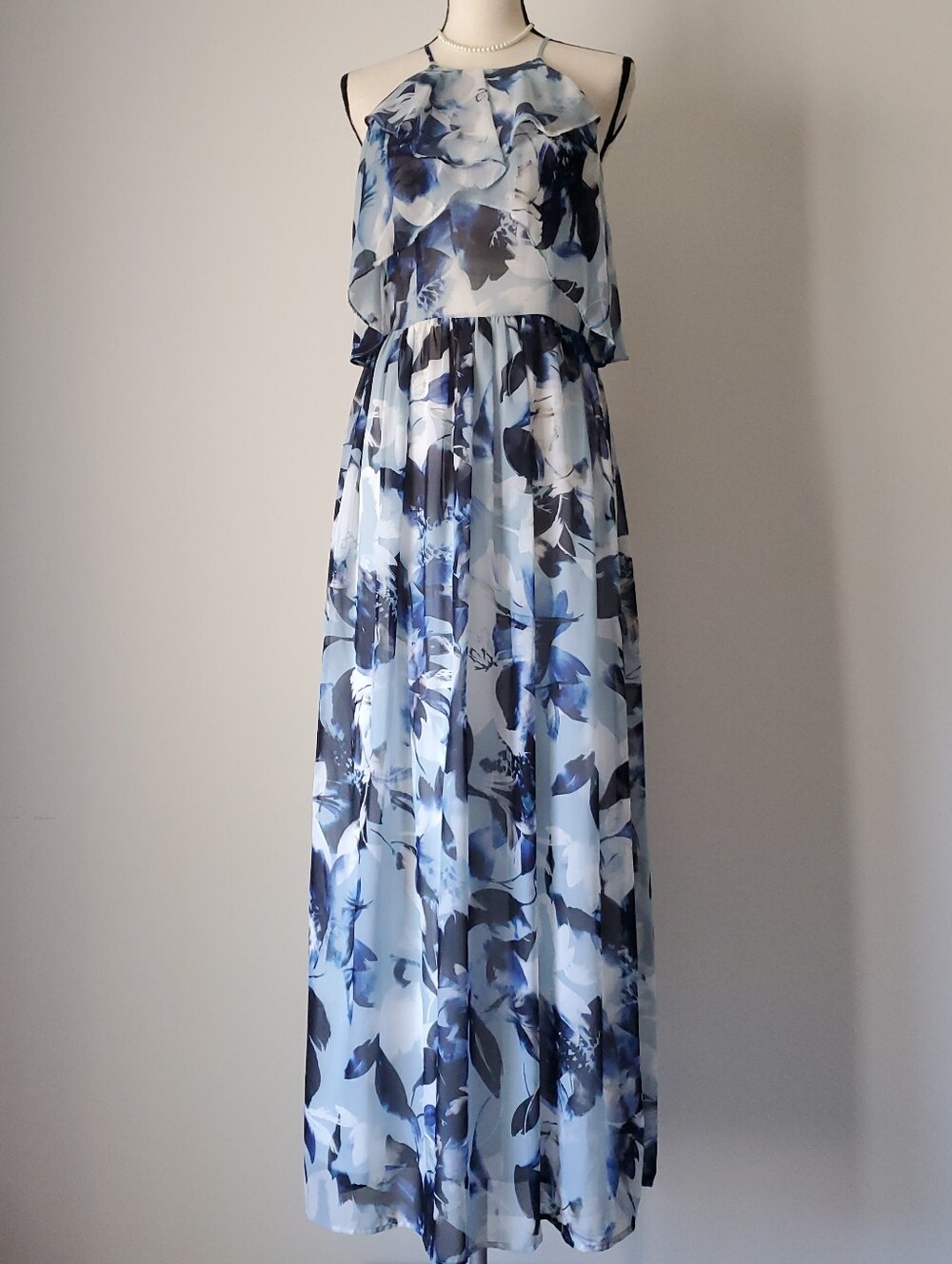 Antonio Melani Blue and White Floral Halter Maxi Dress Size 4